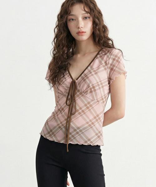 배색 체크 웨이브 탑_T611TP145