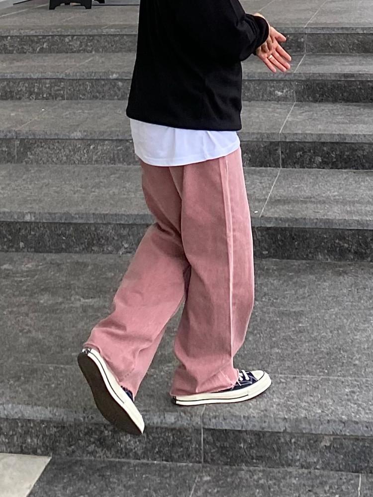 Cv pink wide cotton pants - 그룸 남자 여자 핑크 바지 팬츠 데님