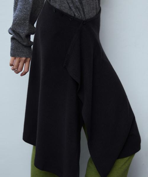 버튼 레이어드 미디 스커트_블랙