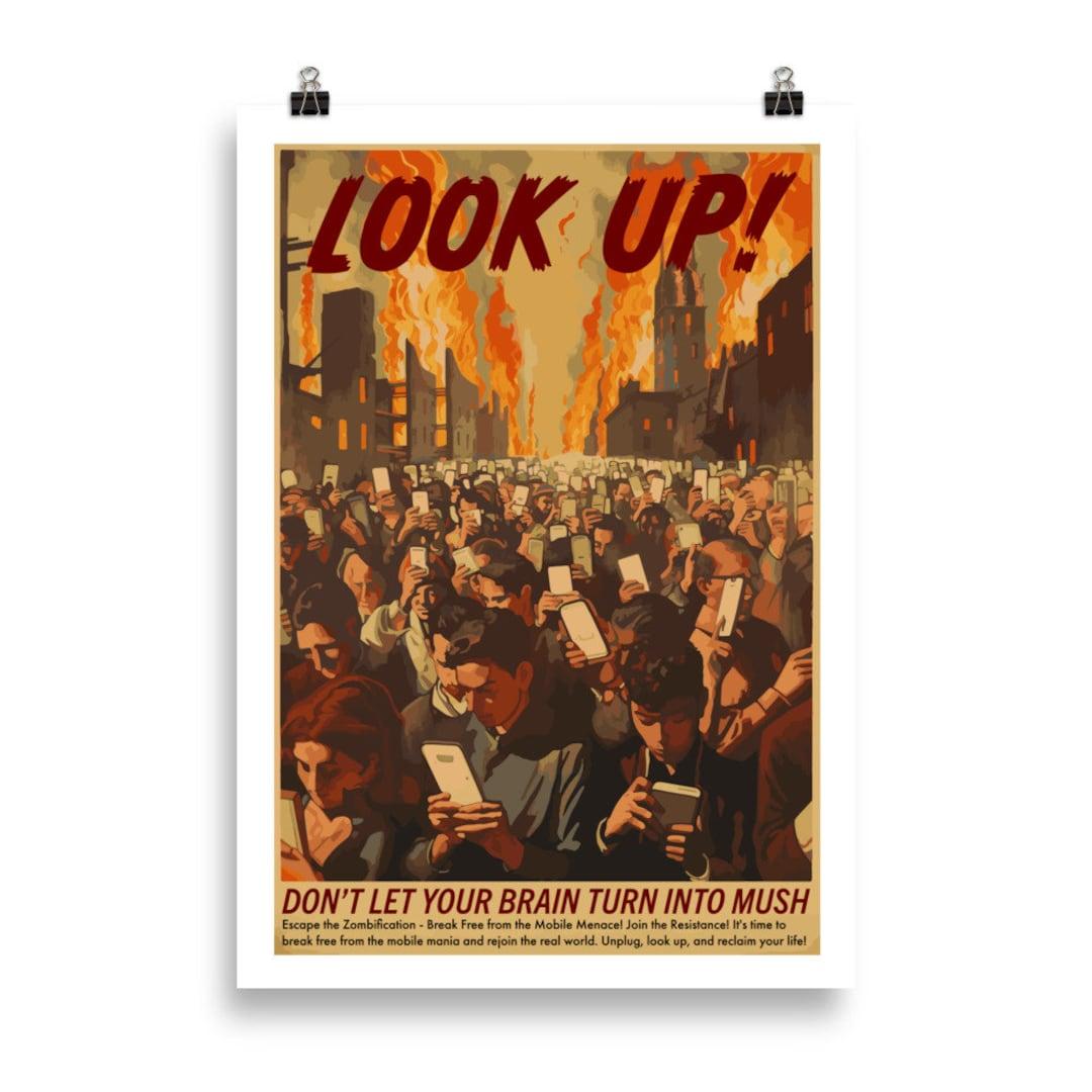 Vintage Parody Poster: Look Up! Don't Let Your Brain Turn into Mush - Gouache Painting - WW2-Inspired Social Commentary - Unique Wall Art