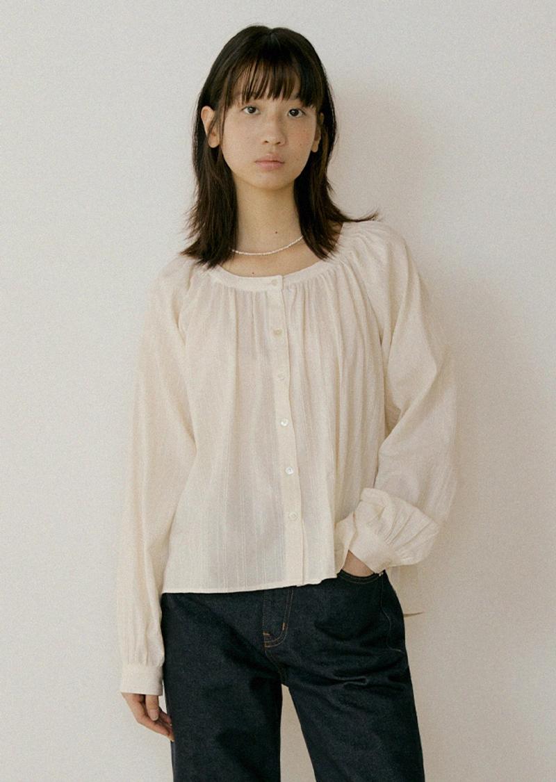 LINGSEOUL - stripe shirring volume blouse-cream