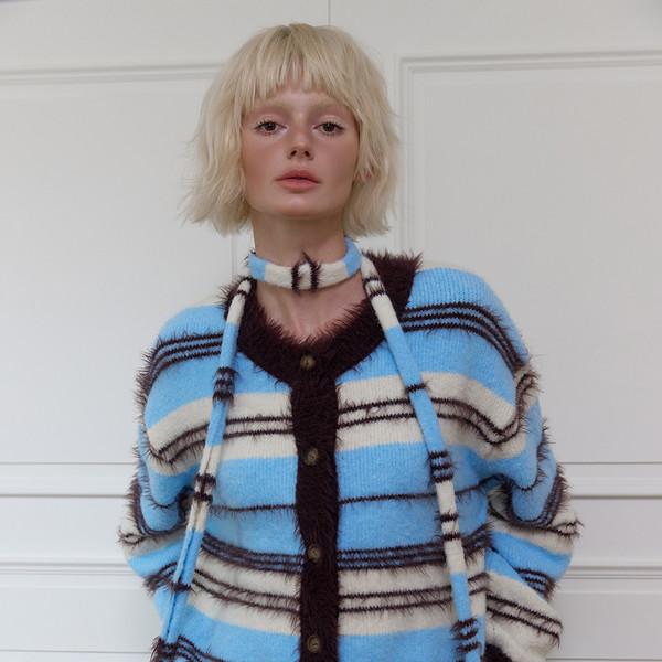 SOFT HAIRY STRIPE CARDIGAN - BLUE