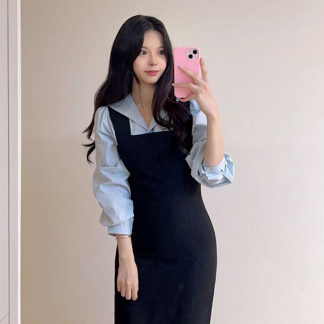 [몸매보정슬림핏]케이시 스퀘어넥 민소매 뷔스티에 롱원피스_뮤즈멜랑