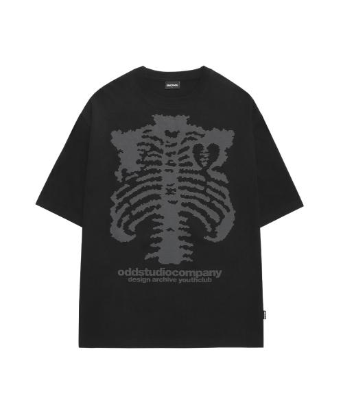 스컬 픽셀 그래픽 오버핏 티셔츠 - BLACK