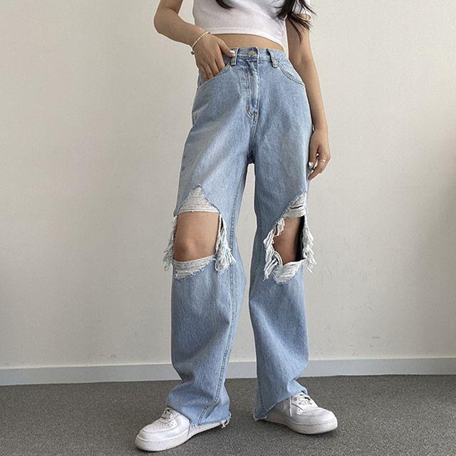 빅사이즈 3XL 구제 무릎 트임 찢청 뒷밴딩 와이드 데님 팬츠_스윗라떼