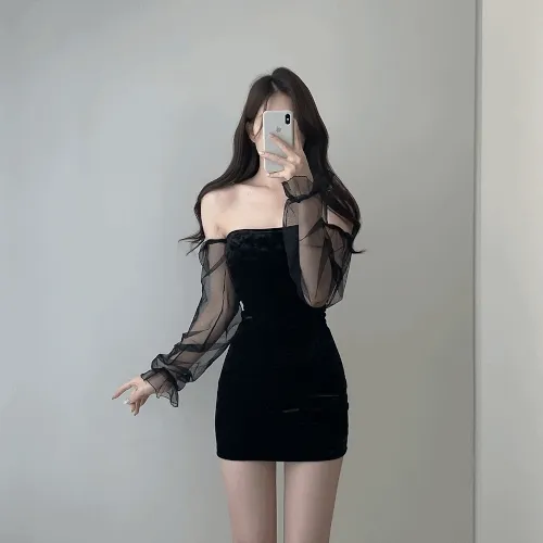 (심쿵섹시ღ,연말주인공!!) 멜린 슬림핏 오프숄더 쉬폰 벨벳 미니 원피스 2color