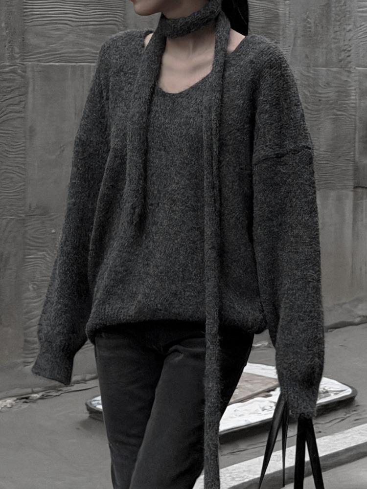 몬크 스카프 브이넥 니트 (3color)