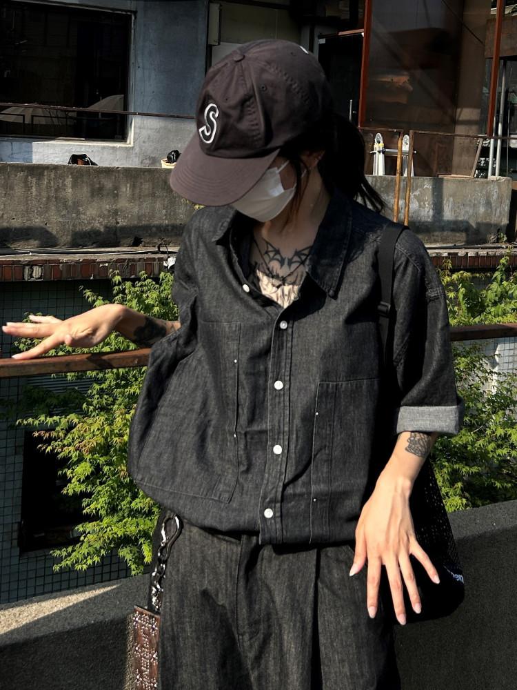 [Unisex] 오버핏 아웃포켓 데님 반팔 셔츠