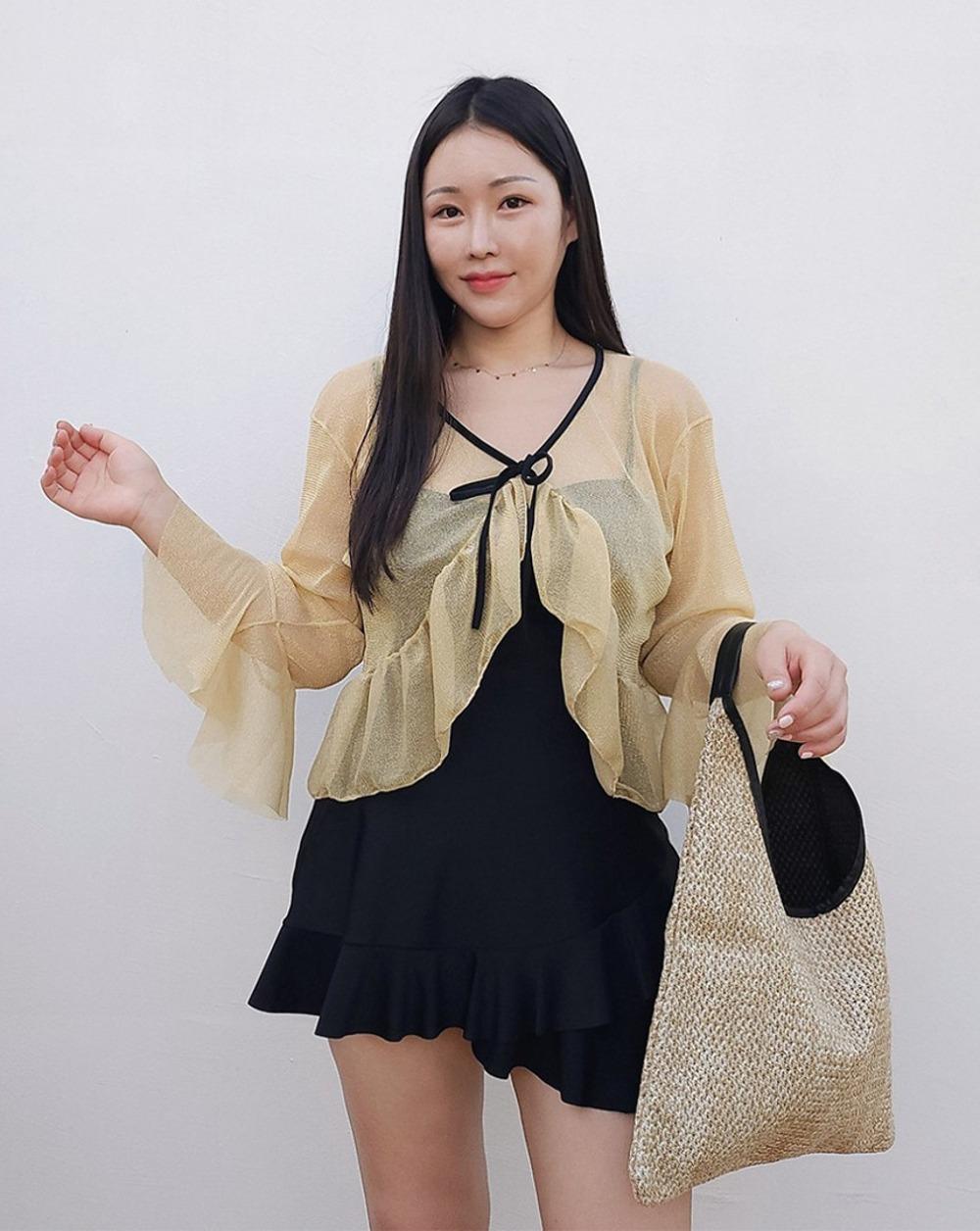 커브미 빅사이즈 비치 가디건 세트 스퀘어넥 체형커버 긴팔 여성 원피스 수영복