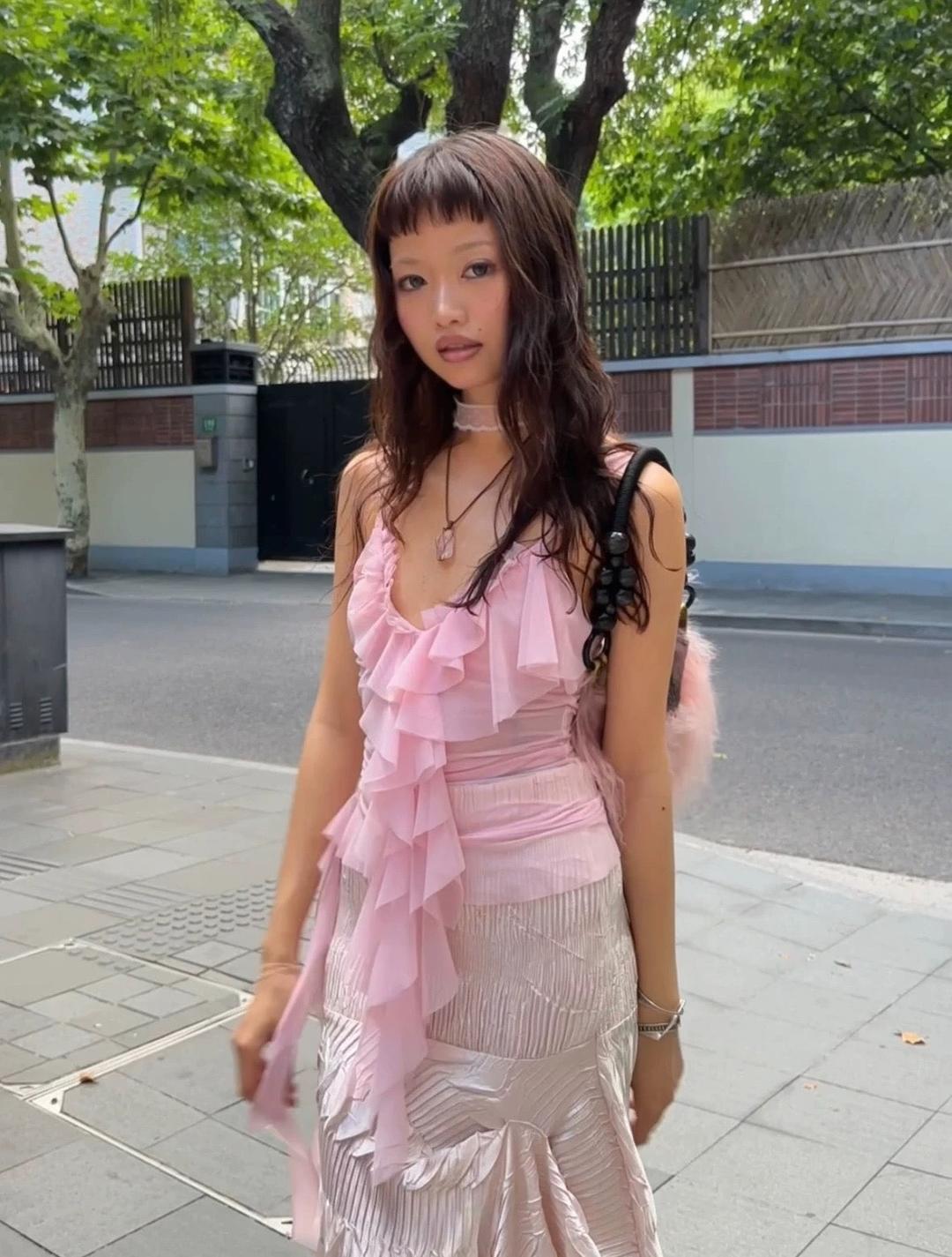 Light pink mesh flowing transparent top