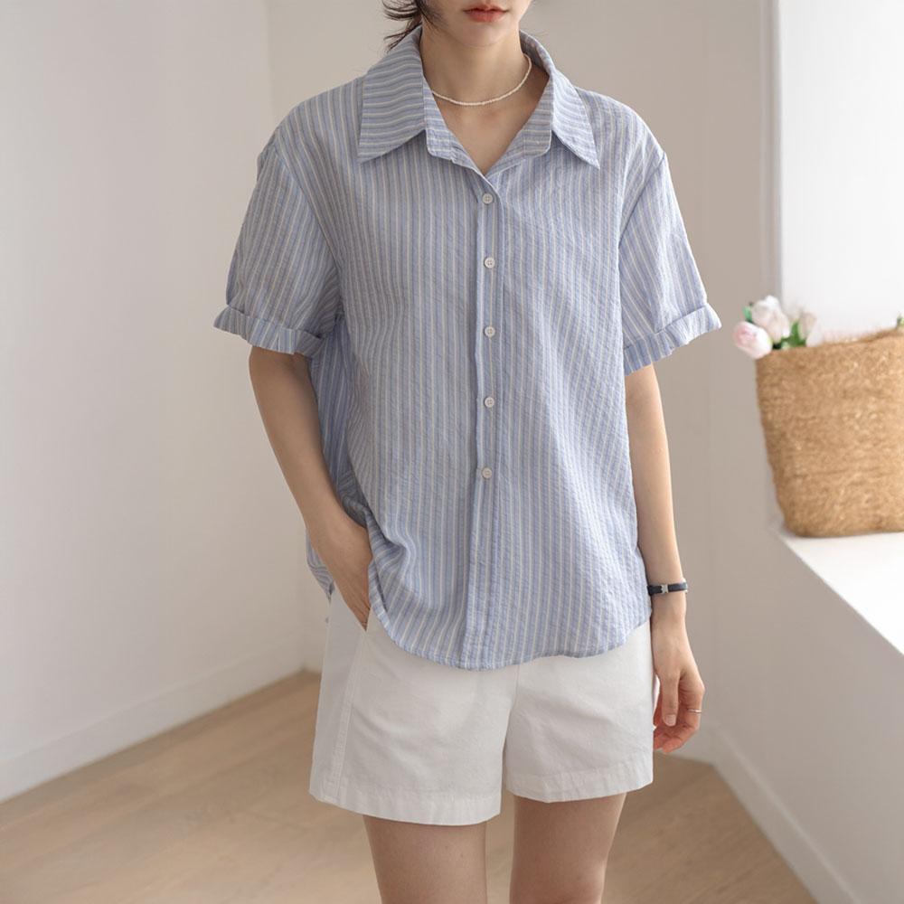 레디브 스크런치 세트 스트라이프 1/2 셔츠 (여름/간절기/줄무늬/곱창끈/오픈카라/박시핏/데일리룩/캠퍼스룩)