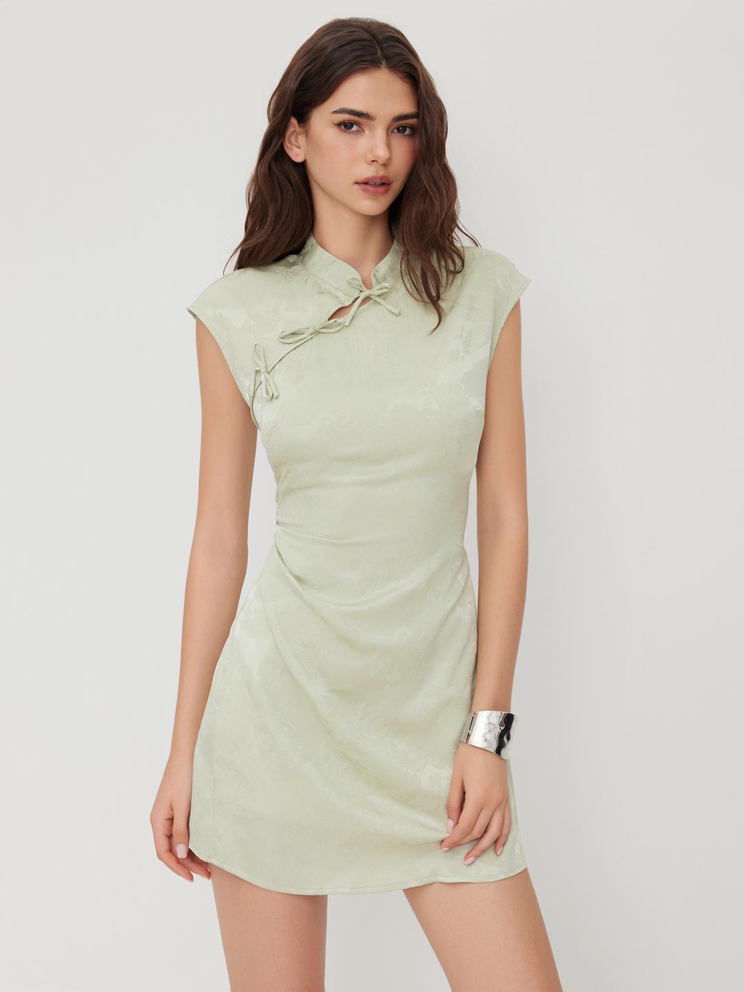 Satin Mandarin Collar Floral Tie Front Ruched Mini Dress