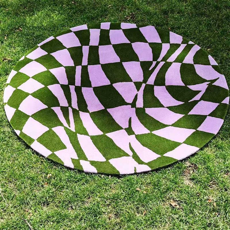 북유럽 럭셔리 그린퍼플 체크 체커보드 거실 수입 원형 대형 러그 초대형 카페트 인테리어