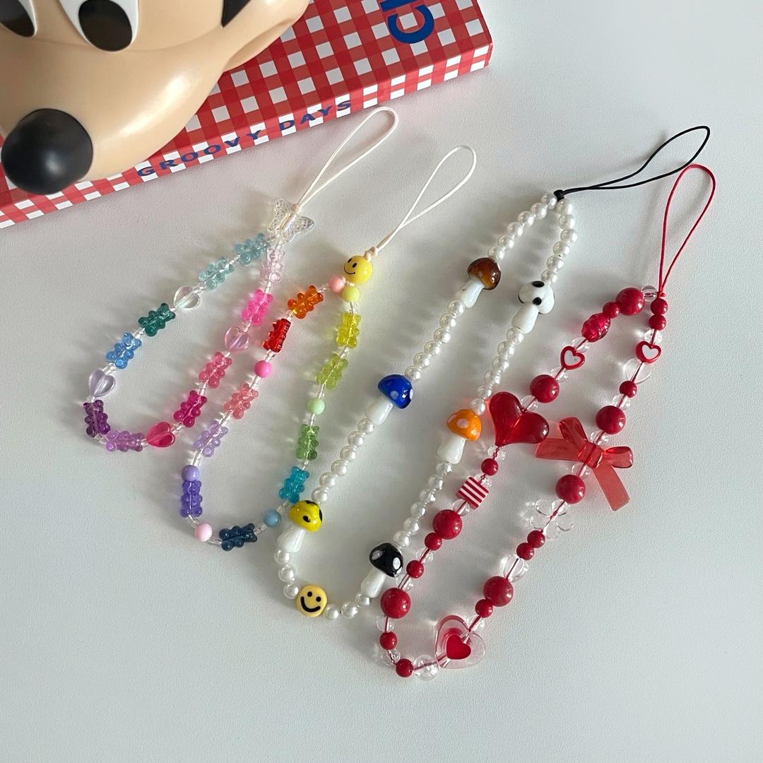 비즈 폰스트랩 스트랩 줄 휴대폰 핸드폰 나비 투명 스마일 키치 연예인 스트링팅