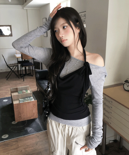 기획가/잘록핏🖤[홀터+긴팔세트] 치즈 홀터 드레이프 텐셀 티셔츠 세트-3color