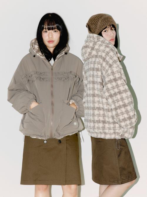 REVERSIBLE FRILL HOODED JACKET, BEIGE/CHECK