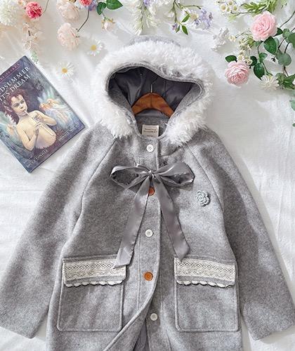 슈케 그레이 리본 후드 코트