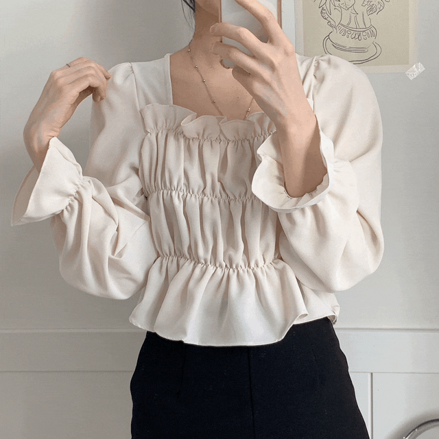 [여리여리- 봄신상-!] 스퀘어넥 프릴 밴딩 메리 블라우스