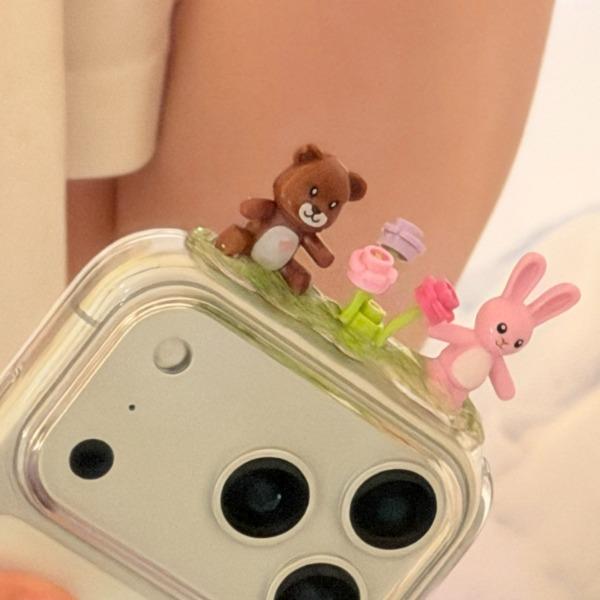 꽃밭에 토끼와 곰돌이 블럭 케이스 (핑크 토끼)