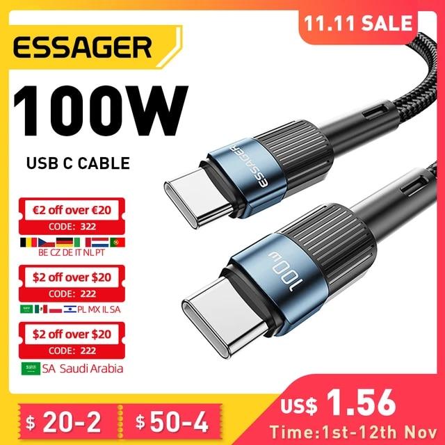 Essager 100W USB 유형 C USB C 케이블 USB-C PD 충전기 Macbook 용 와이어 코드 삼성 Xiaomi 타입 C USBC 케이블 3M