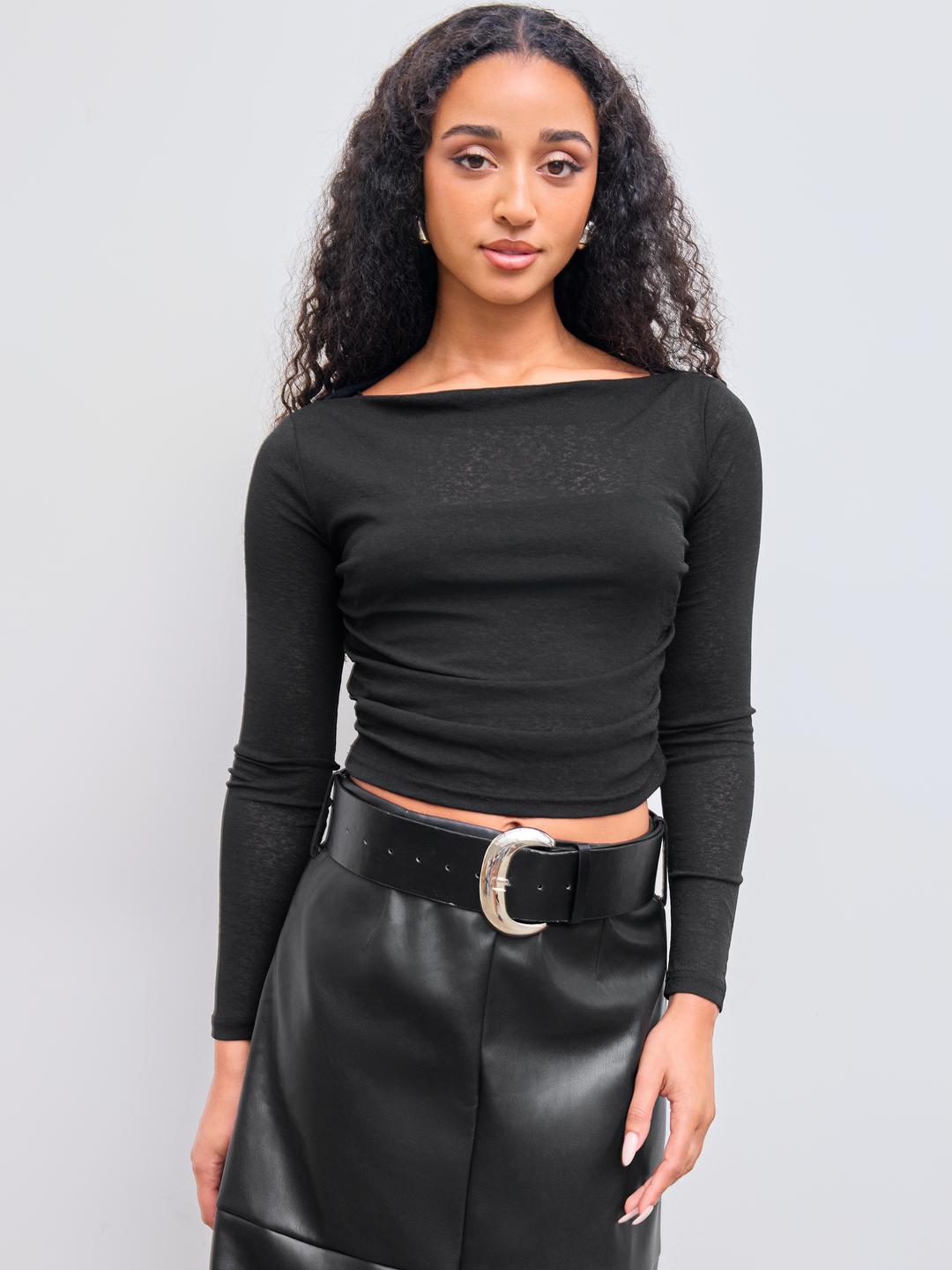 Boat Neck Long Sleeve Two-piece Top