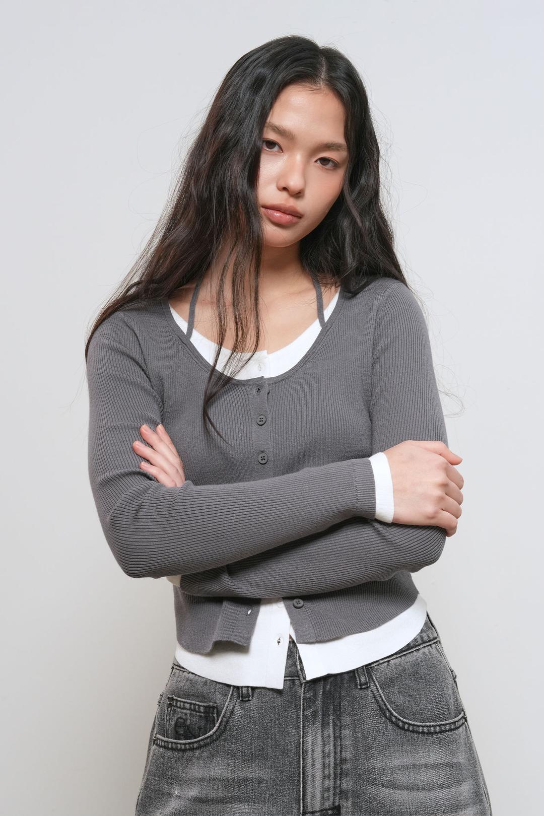 WOMAN 스트랩 레이어드 가디건 [CHARCOAL]