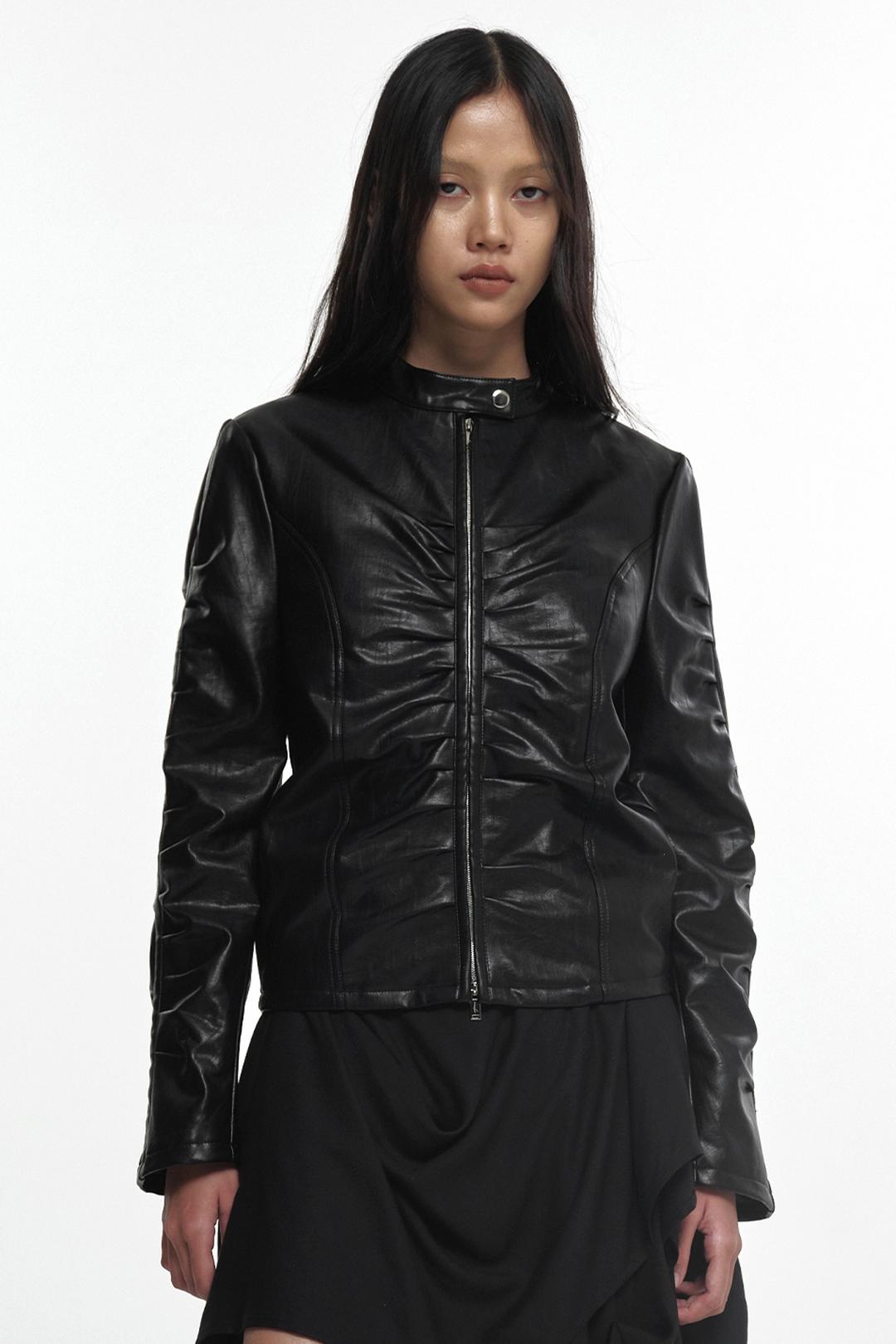 SHIRRING LEATHER JACKET BLACK