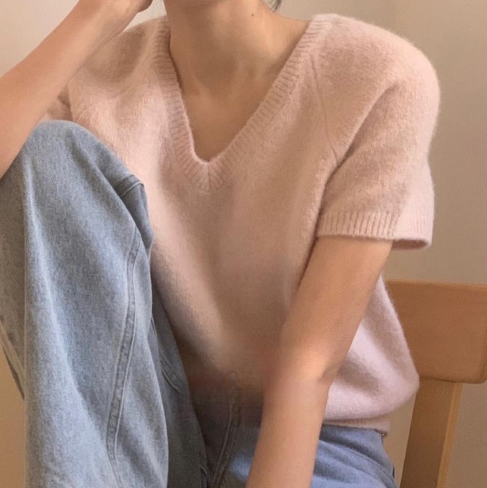 프리러브 푸딩 반팔 니트 여자봄 브이넥 레글런 알파카 여리여리 아이보리 핑크 민트 pyt