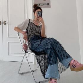 여자 발레코어룩 쉬폰 시스루 리본 레이스 끈 롱원피스