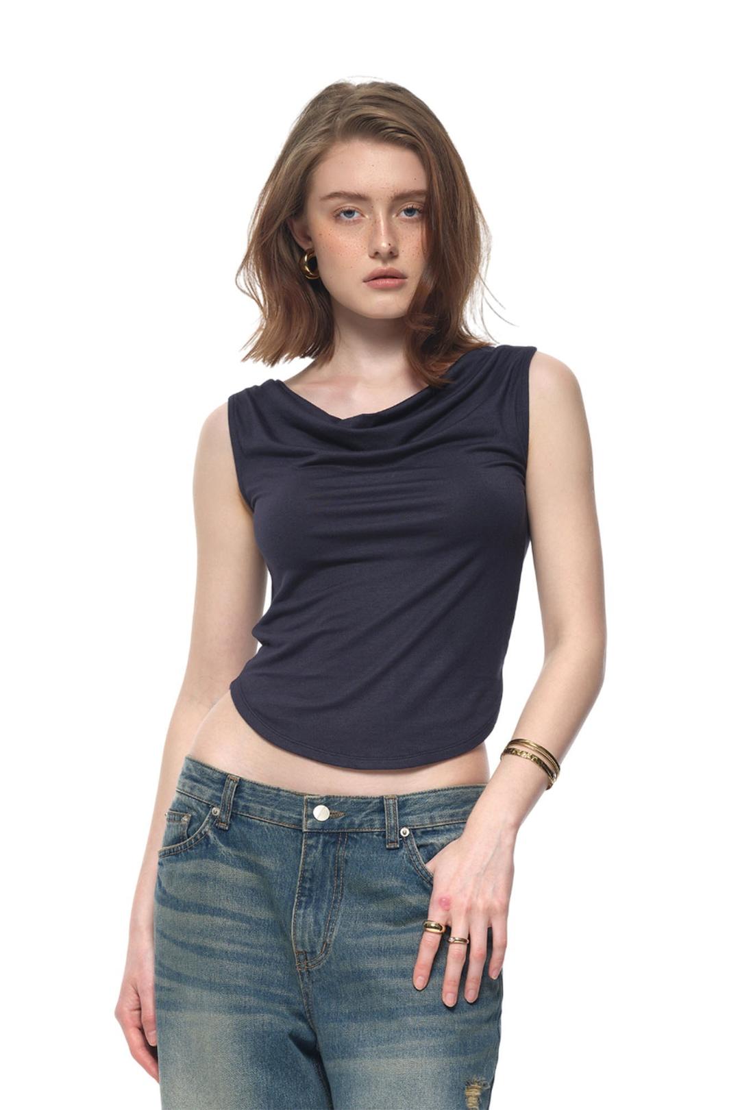 ASYMMETRIC ONE SHOULDER SLEEVELESS TOP (NAVY)