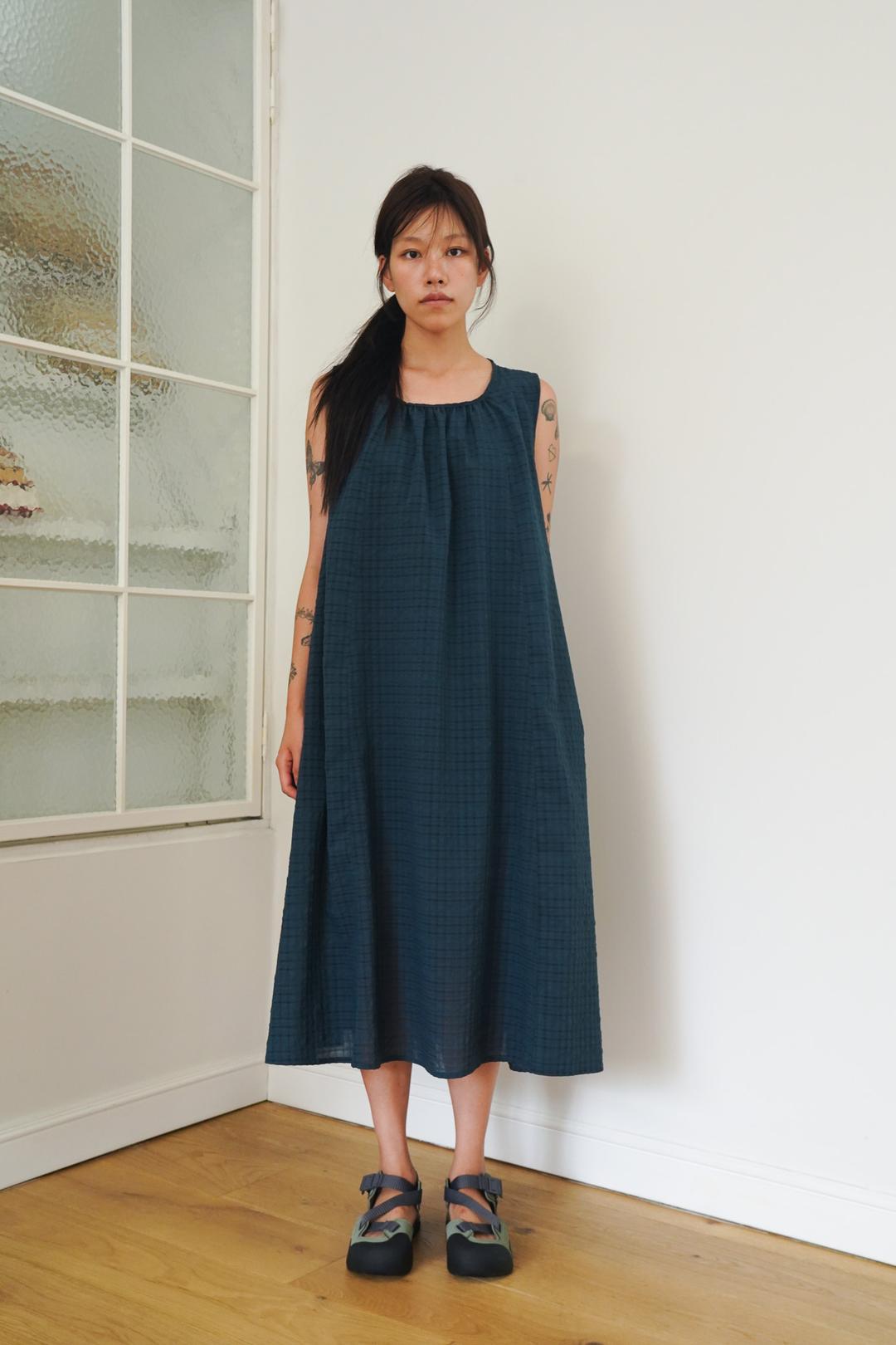 NECK SHIRRING DRESS - DEEP BLUE GREEN