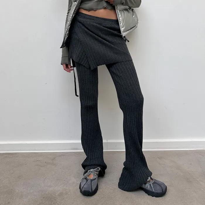 LAYERED KNIT STRING WRAP SKIRT IN CHARCOAL