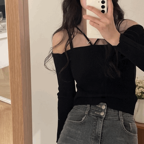 [🔥인기최고/최저가🔥] 청순 섹시 홀터넥 골지 오프숄더 긴팔 니트 티셔츠
