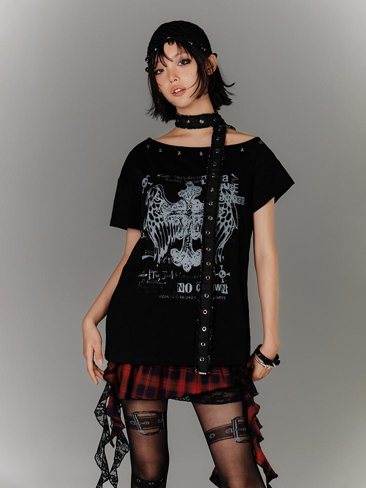 YUKAHOUSE Off-shoulder Y2K subculture belt short sleeve t-shirt