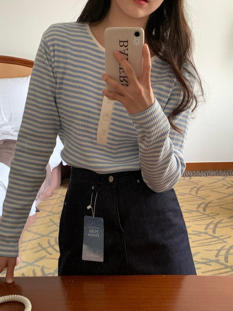 단가라 스트라이프 버튼 티셔츠 2col