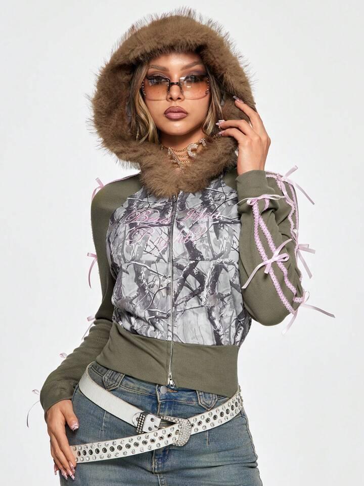 Kawaii Y2K Streetwear Sporty Vintage Camo English Embroidered Lace Trim Hooded Raglan Sleeve Sweatshirt For Women