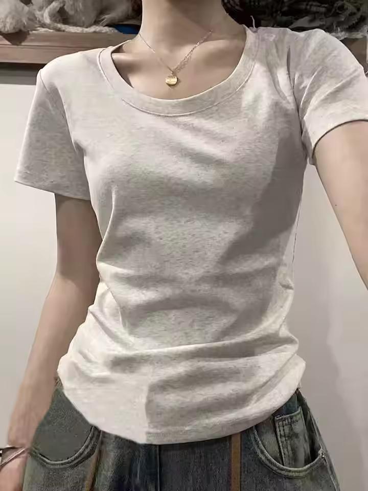 슬림핏 티셔츠 OL 스타일 여성용 여름 슬림핏 정어깨 반팔 여성용 티셔츠 셔츠 반팔티 티셔츠 반팔티 셔츠 티셔츠