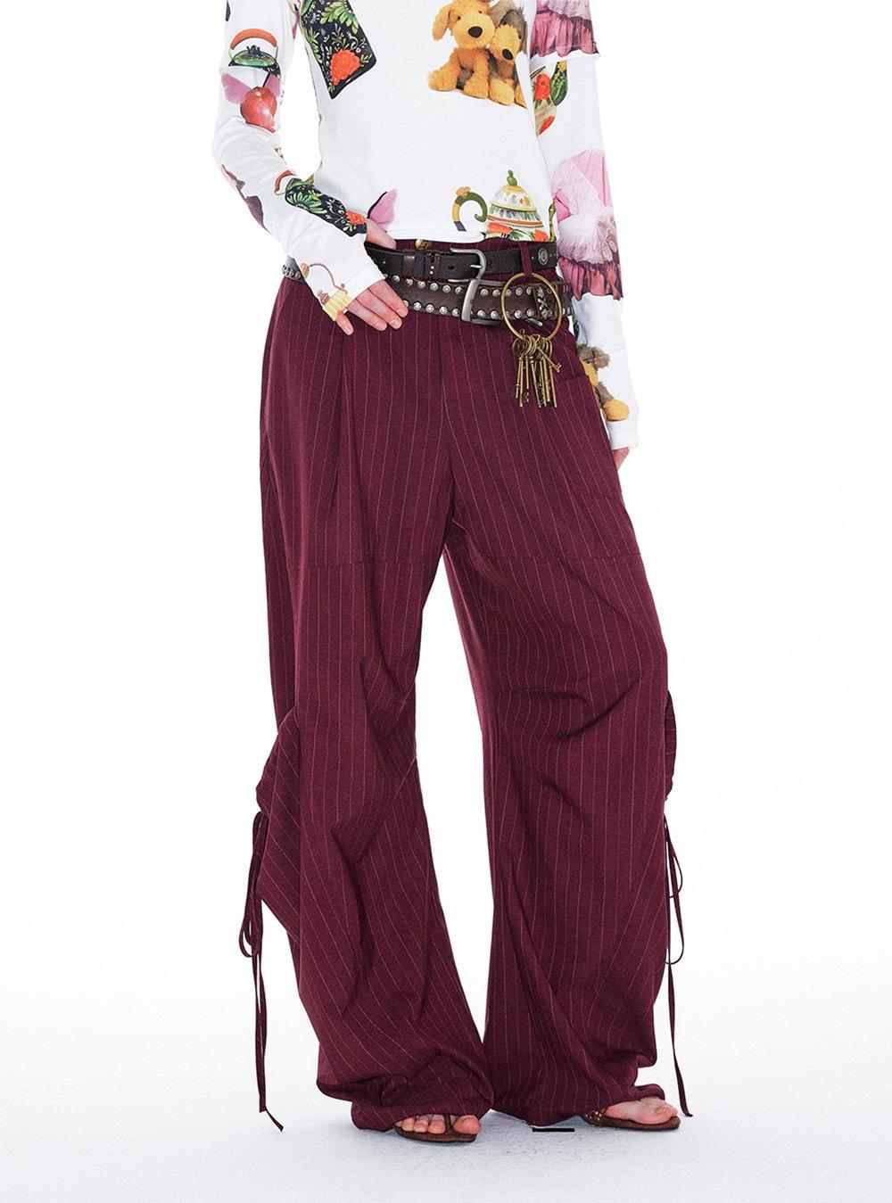 Wine Red Strap Curved Wide Pants