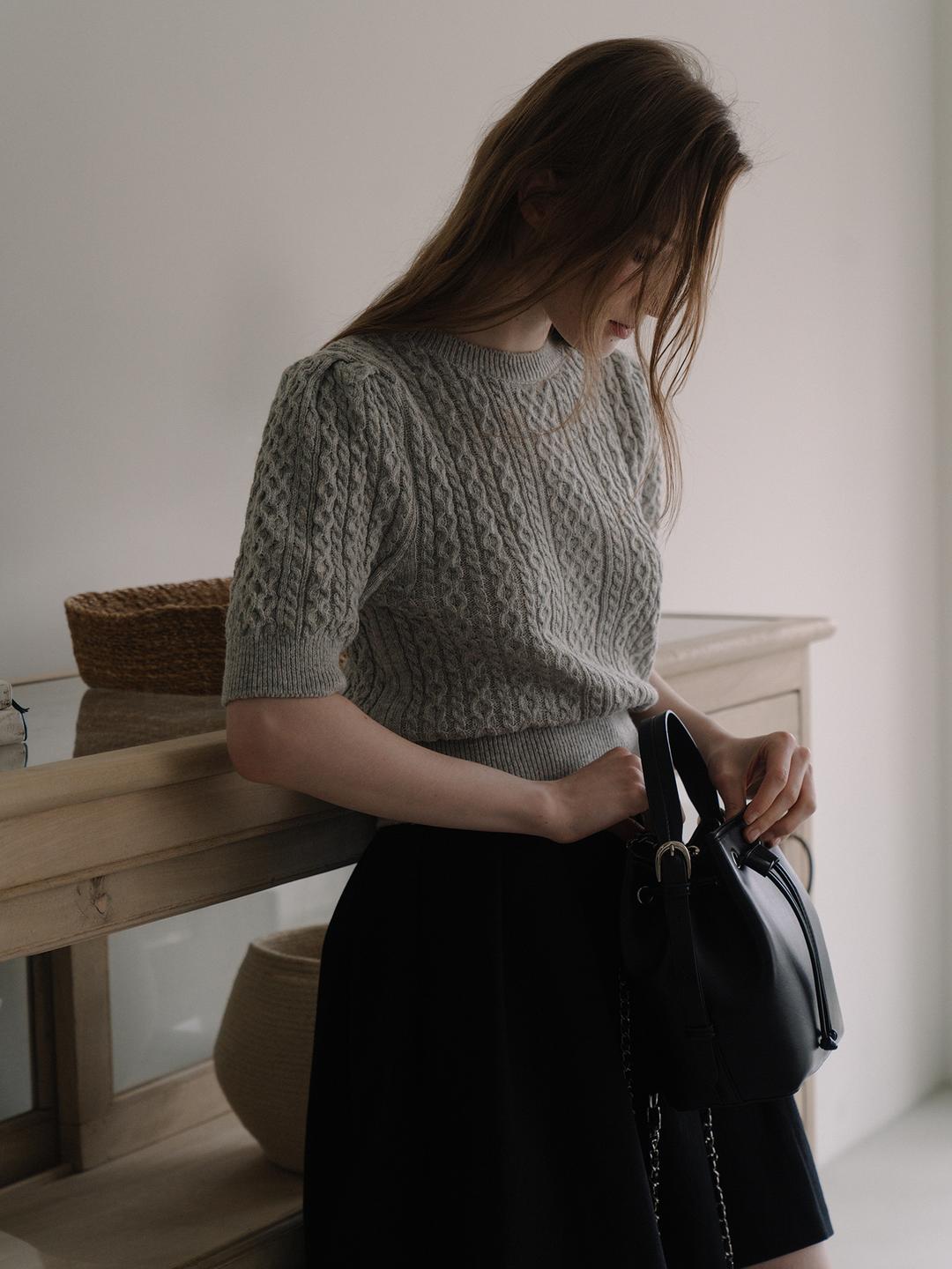 Cable Puff Sleeve Knit - Gray