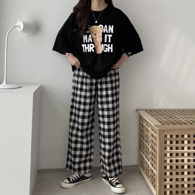 [1+1할인/꾸안꾸!!] 남녀공용 체크 하이웨스트 커플 파자마 밴딩 팬츠 4color