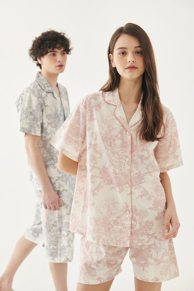 (국산) 커플 트왈드주이 반팔 카라 파자마 (면100) 투피스 페이즐리 명화 순면 여름 홈웨어 뜨왈 잠옷