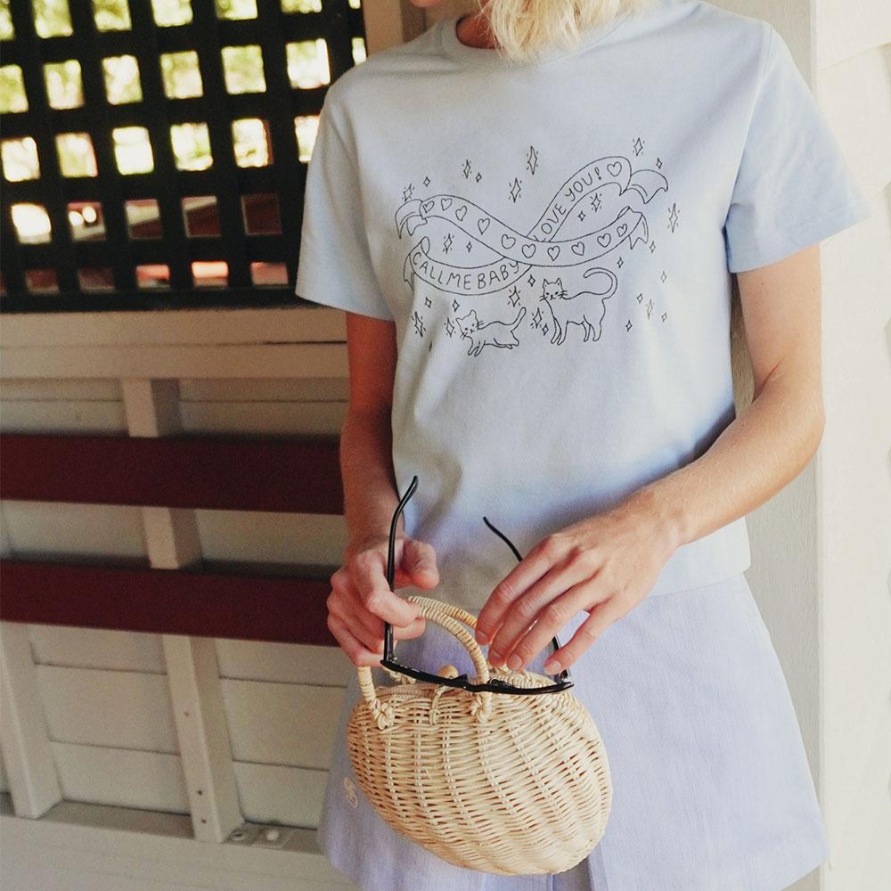 Ribbon Love Cats Cropped Tee_Light Blue  (50% SALE)