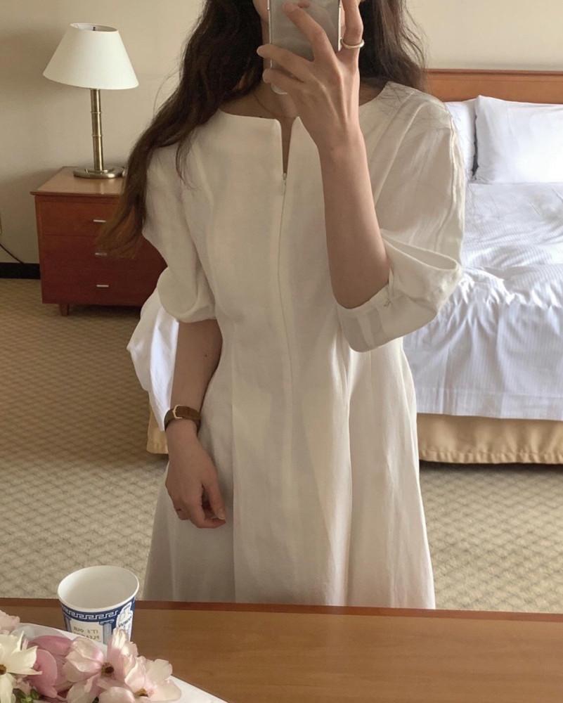 린넨 스티치 라인 벌룬 퍼프 하객 흰색 베이지 원피스 여름 하객룩 (2 color)