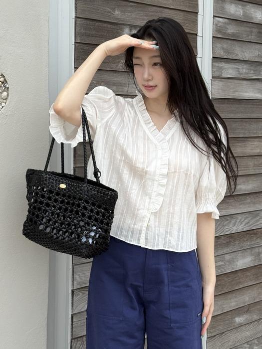 pintuck frill v neck blouse - white