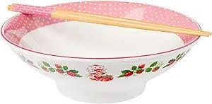 Silver Buffalo 스트로베리 쇼트케이크 빈티지 베리와 물방울 무늬 세라믹 라멘 그릇, 젓가락 포함, 887.2ml(30온스)