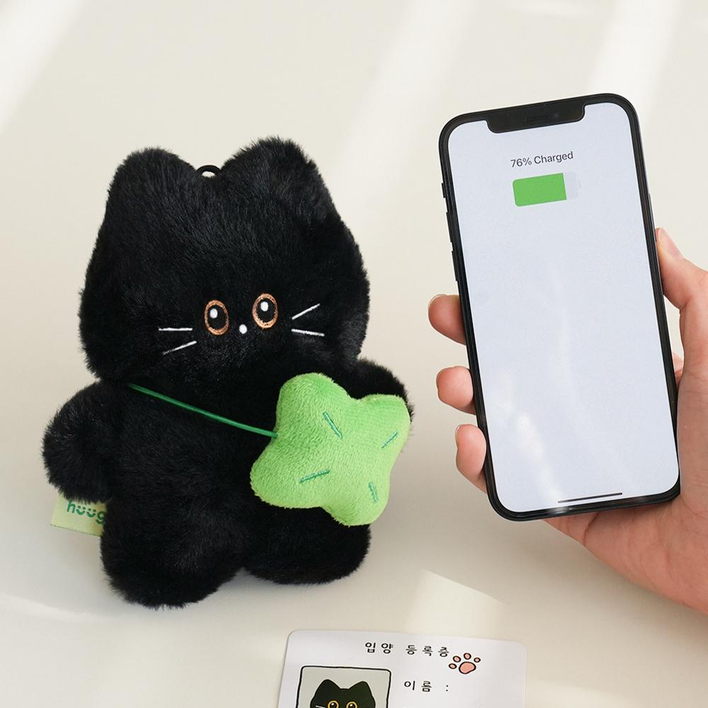 (+입양증+클로버 가방) 럭키냥 인형 보조배터리 고양이 키링 깜냥이 USB C타입 충전식 귀여운 선물