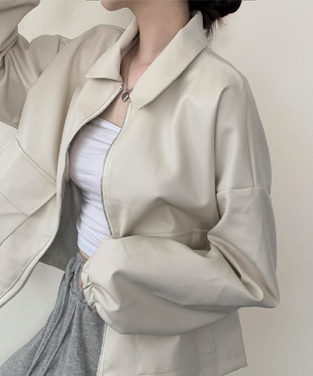 [오버핏/투웨이!] 은은한 광택감, 투웨이 스트링 포켓 카라 레더 가죽 라이더 자켓 2color