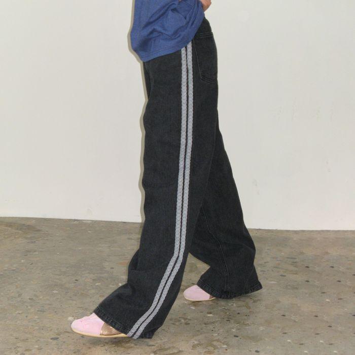SIDE LACE TRACK DENIM PANTS BLACK