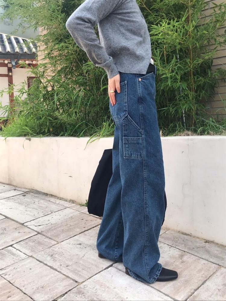투투 진청 카펜더 팬츠 카펜더 와이드 데님 여성 와이드 청바지