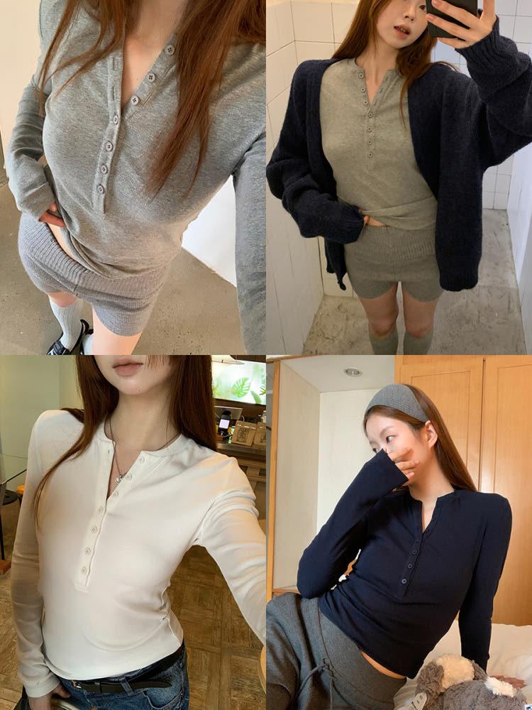 [더누베]콜리 캐주얼 버튼 3컬러 긴소매 티셔츠